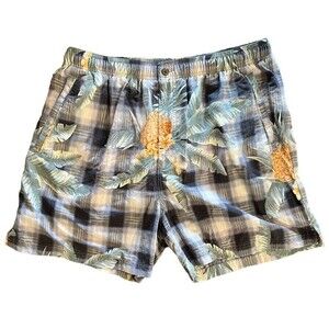 Tommy Bahama Swim Trunks Black White Plaid Large Pineapples Mesh Lining size L
